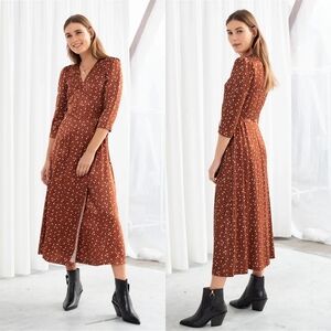 Los Angeles Atelier & Other Stories Tan Brown Dotted Satin Midi Wrap Dress Sz 10
